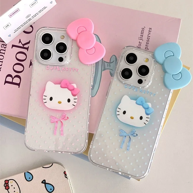 

Чехол для телефона Kawaii Hello Kitty стереоскопический бант подходит для Iphone 15/14 13Promax противоударный 12Pro 11 Xsmax полноразмерный чехол