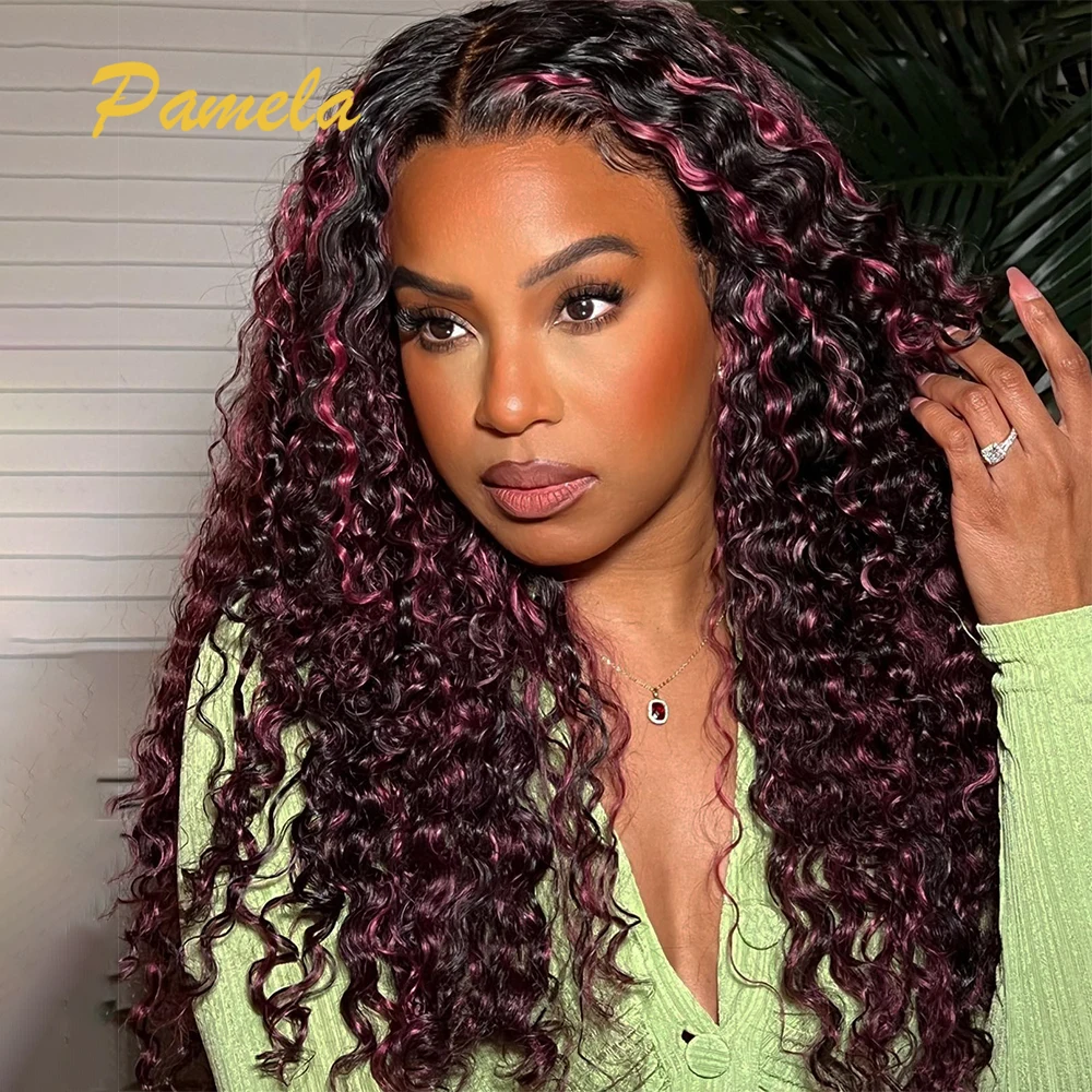 Highlight 30inch 250% Density Burgundy Curly Ombre 1b/99j 13x4 Transparent Lace Frontal Human Hair Glueless Wigs Ready To Wear