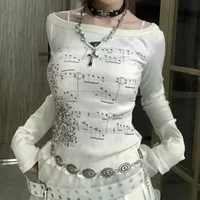 Gaono Hauts à épaules dénudées pour femme, manches longues, imprimé note de musique, T-shirt ajusté, chemisier à volants, Coquette Y2K, Streetwear 3