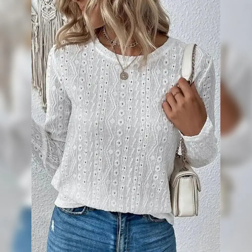 

Women Jacquard Decor Blouse Women Round Neck Blouse Fashionable Women's O-neck Long Sleeve Casual Tops with Chic for Streetwear