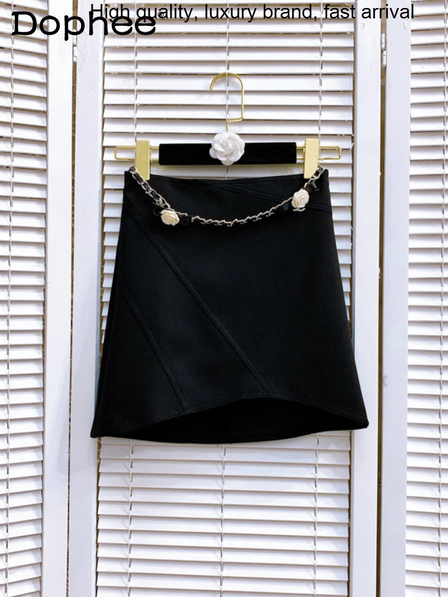 

Chain Flower Chic Decoration Black Suit Women High Waist Irregular Sexy Step Hip Mini Skirt 2023 New Spring Autumn Faldas