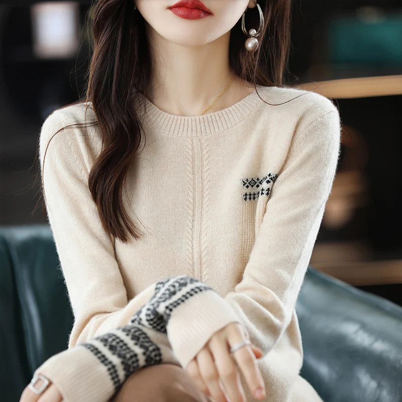 

SZDYQH Women's Sweater 2024 New Fashion O-Neck Knitted Pullover 100% Pure Wool Long Sleeve Sweaters Female Casual Shirt Tops