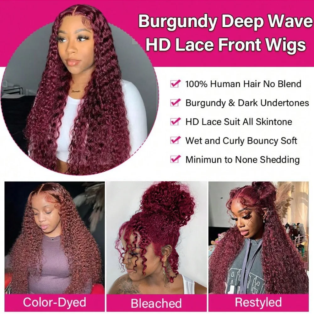 28 Inch Burgundy Human Hair Frontal HD Lace Wig 13x4 Human Hair 99J Deep Wave Lace Front Human Hair Wigs for Women 200% Density