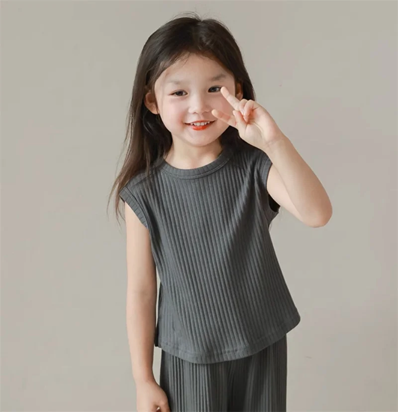 Girls Clothing Sets Summer Fashion Sleeveless Suit Kids Cotton Tops+Pants 2Pcs Children Casual Solid Outfits 2-8 Years kids clothing set,girls clothing set