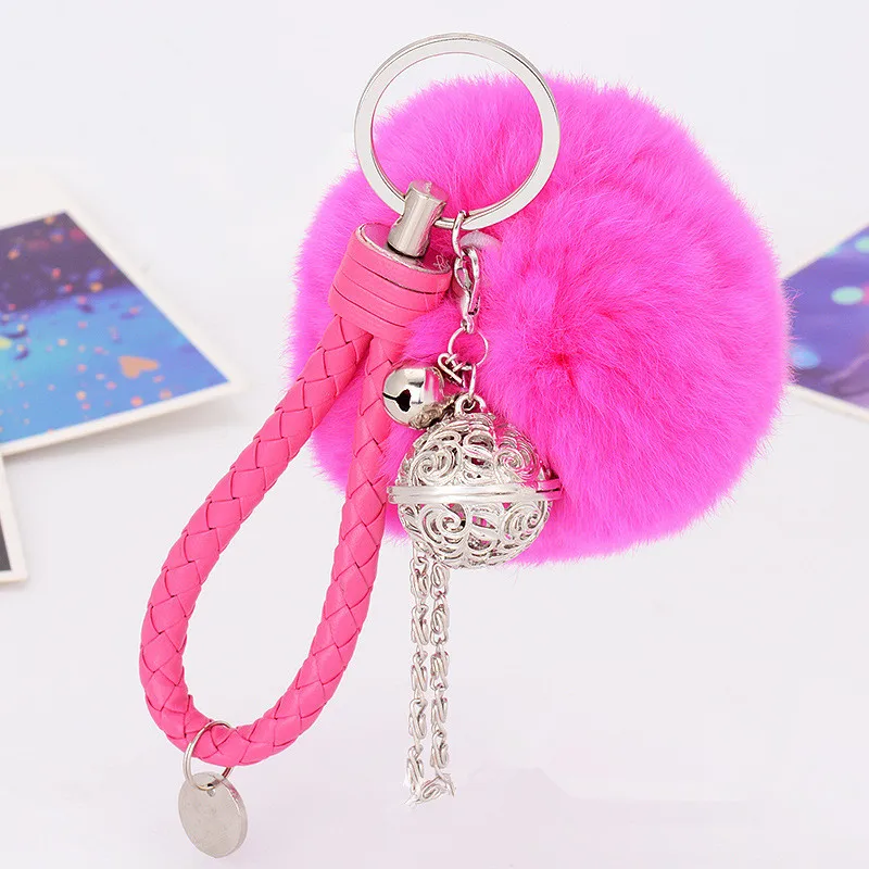 

New Small Bell Keychains Rabbit Hair Ball Key Chain Ring Tassels Ladies Bag Charm Pendant Women Jewelry Pearl Car Keyring