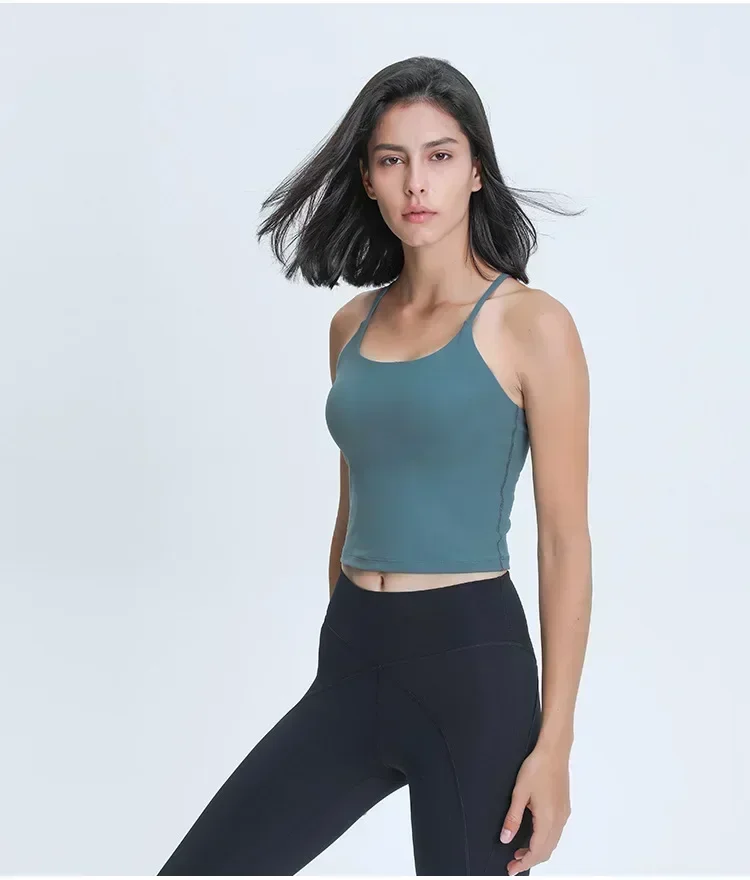 Lemon Women Gym Sport Crop Tank Top Sling Movable Y-line Sports Yoga Vest Summer Outdoor Jogging Fitness Vest Bra with Chest Pad