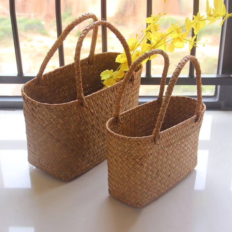 Seaweeds Woven Storage Basket Natural Seagrass Handmade Clothes Laundry Basket Straw Wicker Rattan Storage Flower Pot Beach Bag