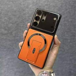 Fashion Lens Protection Case with Invisible Kickstand and Magnetic Cover for Galaxy S23 Ultra (Orange)