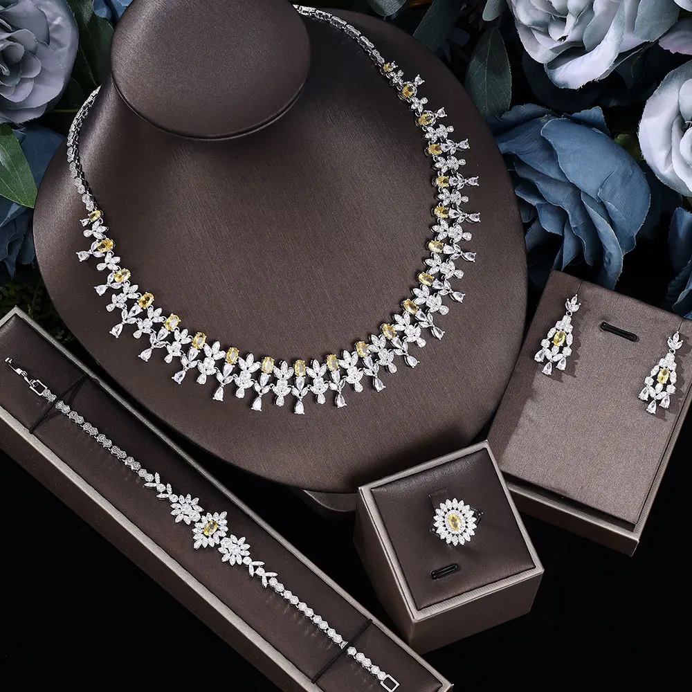 

Trendy Cubic Zirconia Luxury Full 4 Pieces Set Necklace Earrings Bracelet Nigeria Dubai Women's Bride Jewelry Set