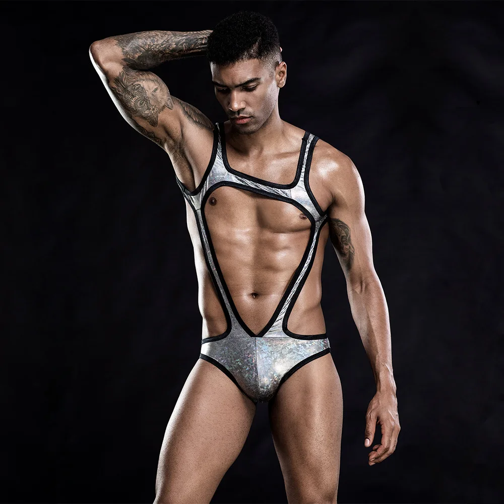 

Gay Underwear Mens Lingerie Sexy PU Bodysuit Jockstrap Wrestling Singlet Leotard Jumpsuit Suspender Overalls Sexy Gay Underwear