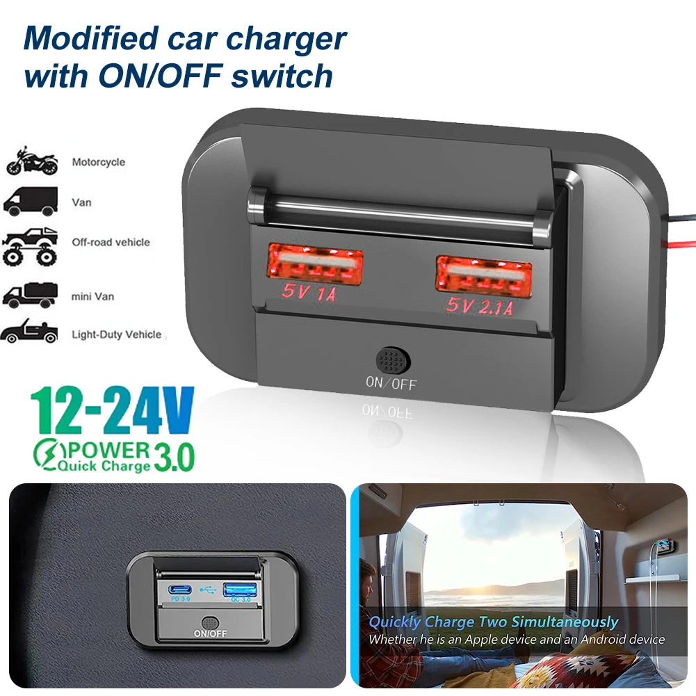 

RV USB Outlet with Cap 12V/24V QC3.0 and PD Type C Fast Charging Dual USB Ports Charger Socket Panel with Switch for Marine RV