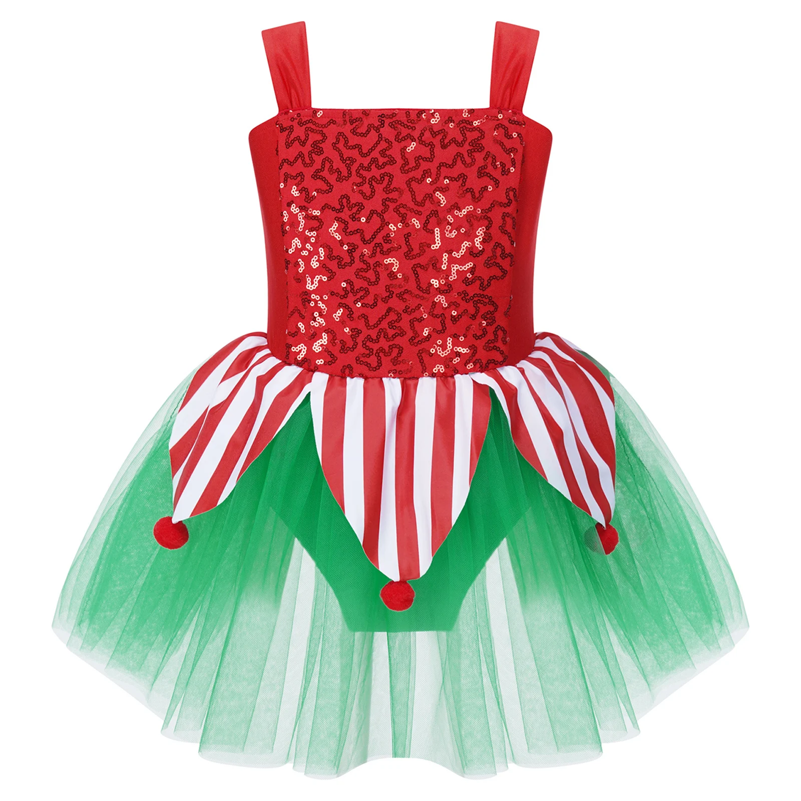 thumbnail image 1 of Mono brillante para niñas, disfraz de elfo de Papá Noel, disfraces de Navidad, pompones dentados, patinaje artístico, ballet, falda de tul, vestido, mono, 1 of 5