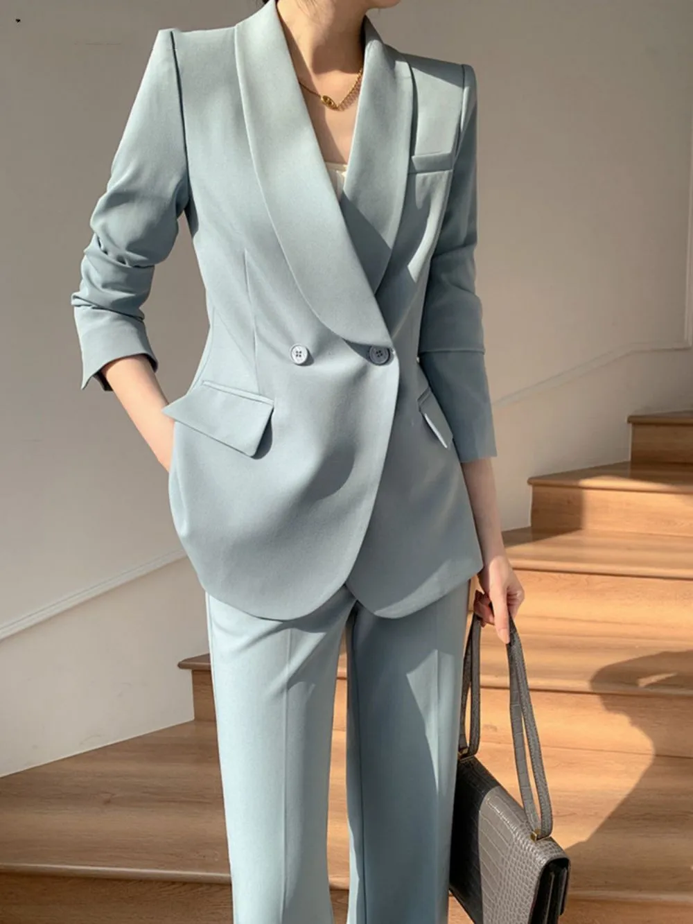 Fashion Slim Women 2 Pcs Blazer Set Business Long Sleeve Jackets & High Waist Pants Duble Breasted Office Ladies Trousers Suits
