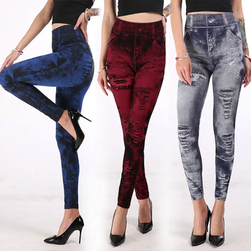 

New Stretch Faux Denim Jeans Women Trousers High Waist Elastic Slim Leggings Fitness Pants Fake Pockets Soft Female Sports Pants
