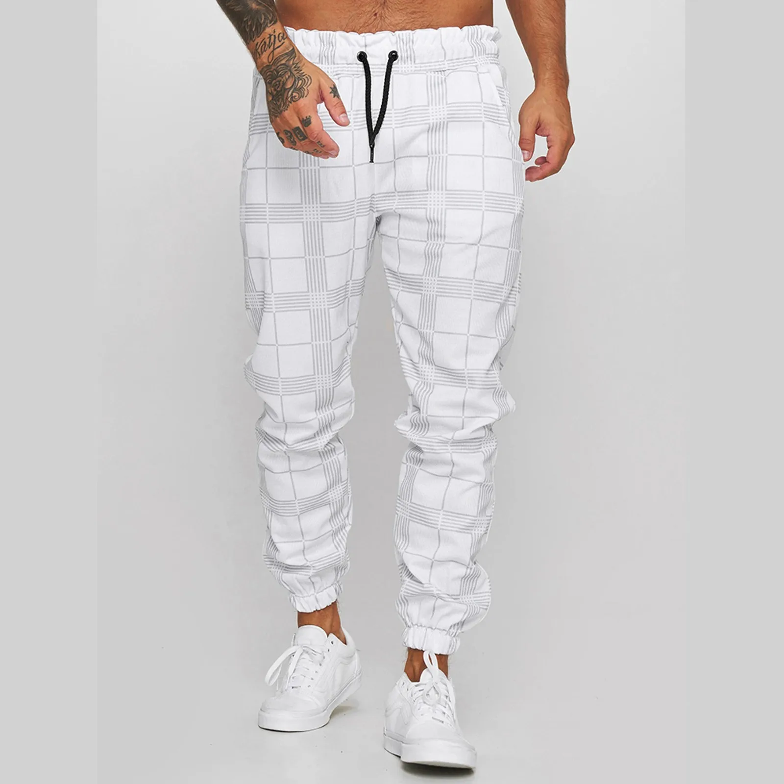 Mens New Streetwear Jogging White Plaid Pants Sweatpants Men Business Casual Trousers Vintage Straight Long Pants Pantalon Homme