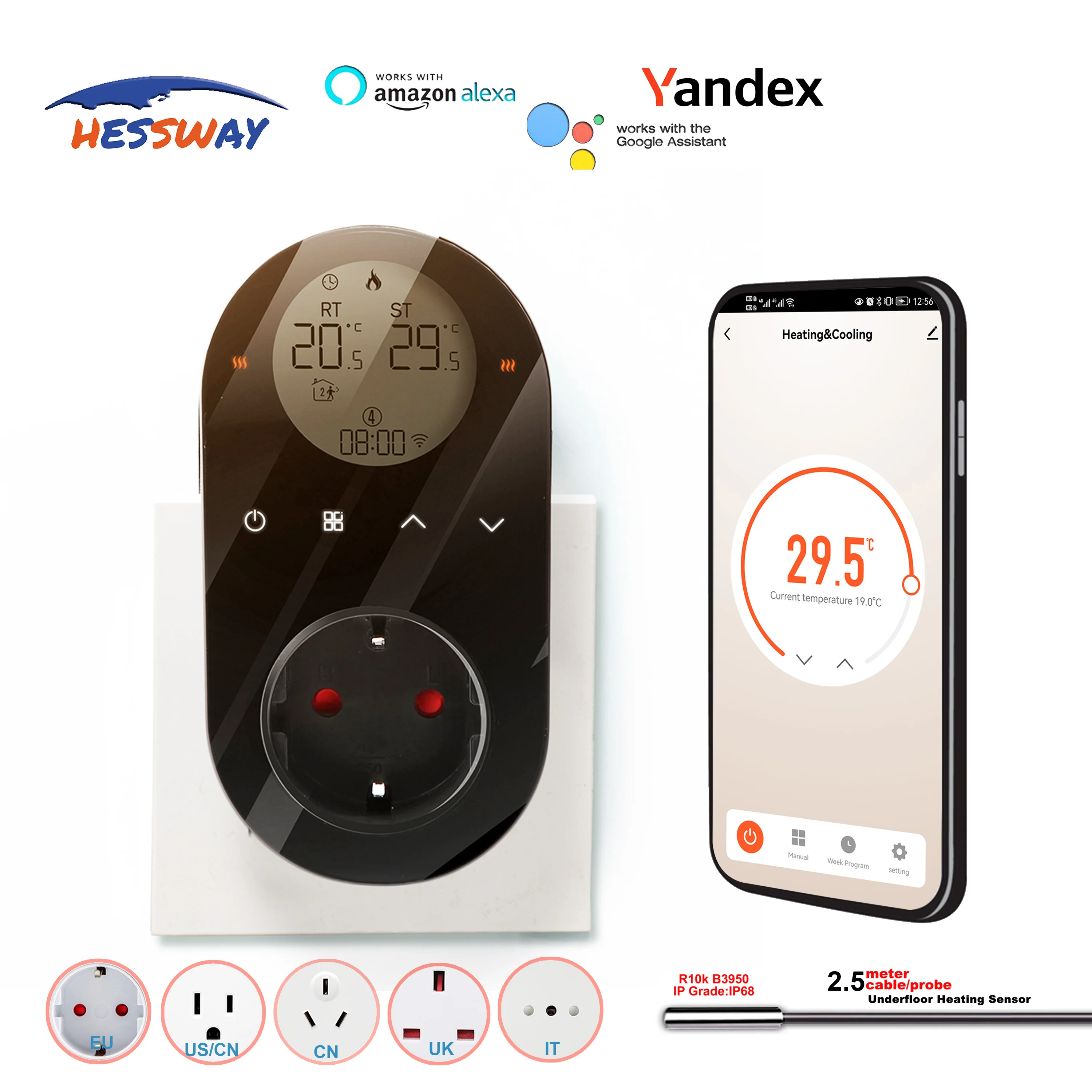 EU 에너지 절약 온도 조절 난방 케이블 온도 조절기 플러그 인 16A 4KW, 알렉사 구글 홈 Yandex LED/LCD 쇼와 함께 작동