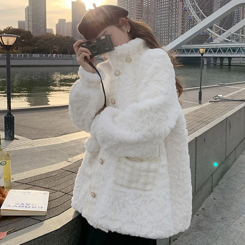 Women's Mid-Length Lamb Wool Coat, Thick, Stand Collar, Loose, Casual, White, Imitation Fur, Winter Outwear, Female Fashion, New