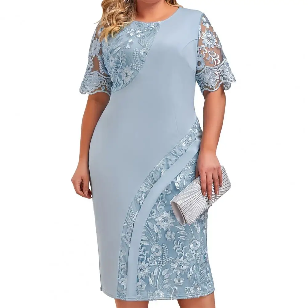 

Vintage Party Women Dress Lace Flower Embroidery Short Sleeve Summer Dress Mom Slim Prom Banquet Sheath Midi Dress Evening