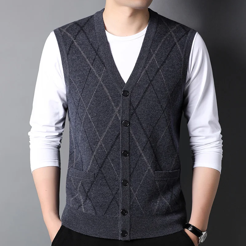 

100% Pure Wool Luxury Vest Man Thickened 2023 Autumn and Winter New Leisure Plaid Waistcoat Middle-Aged Men's Sweater Vest