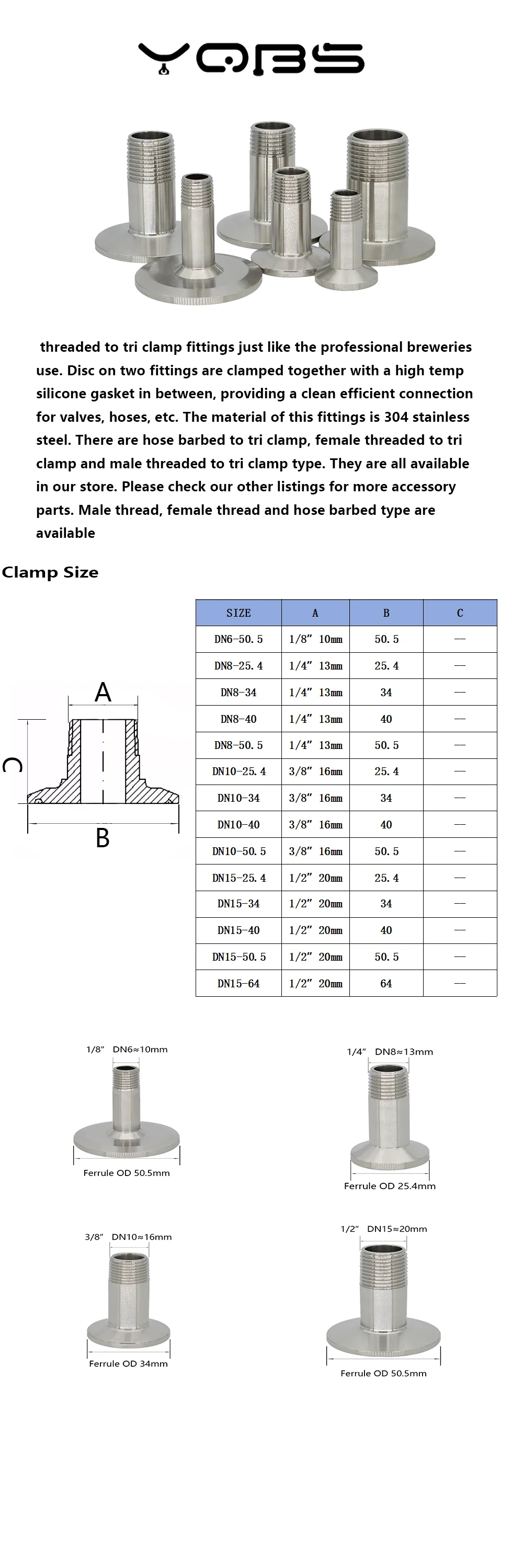 YQBS 1/4 Zoll 3/8 Zoll 1/2 Zoll Außengewinde auf Tri-Clamp-Ferrule 304 Sanitär-Edelstahlrohrverschraubung – Detail 1