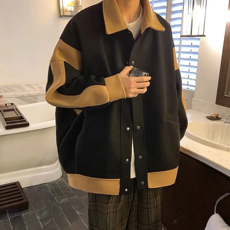 

Versatile Loose Heavy Jacket Fashion Trend Youth Lapel Coat Baseball Uniform Men's Color Contrast Wool Jacket Coat Men 2023 New