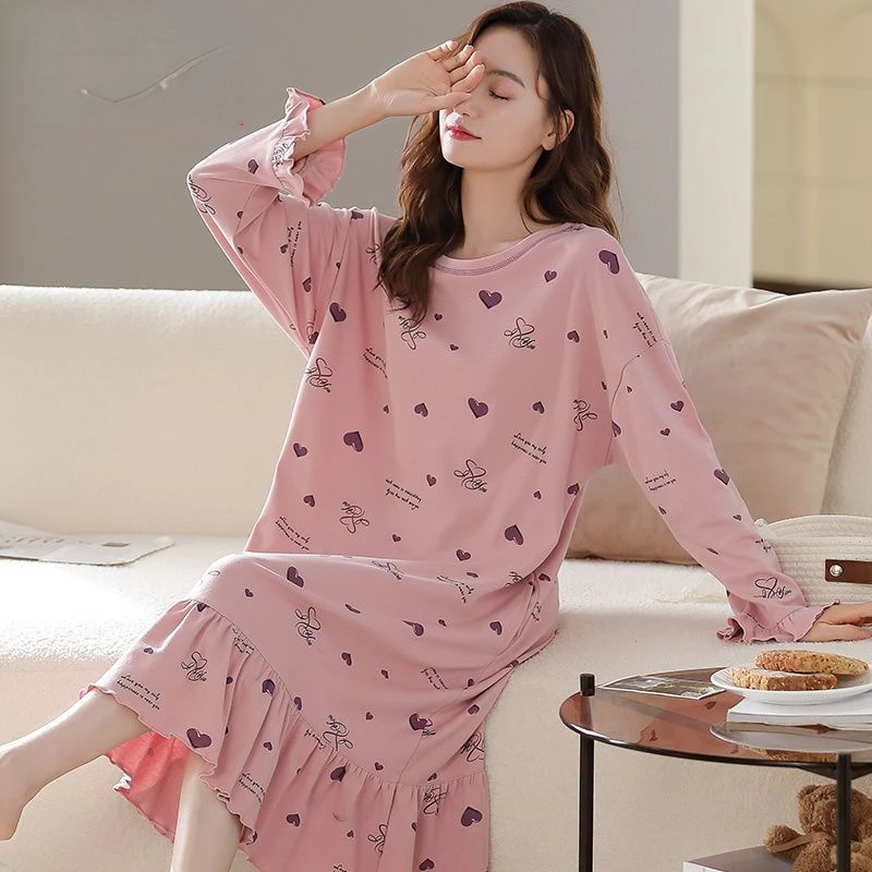 Big Size Pajamas Women Long Sleeve Nightgown Kawaii Clothing Sleepwear Cotton Homewear Casual Loose Pajamas Korean Fashion