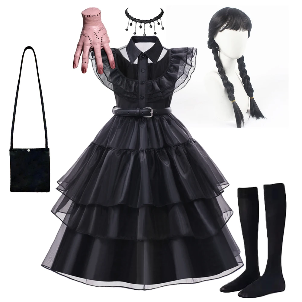 Костюм для девочки Merlina Adams, готическое многослойное платье-пачка с поясом, Маскировка на Хэллоуин, день рождения, косплей