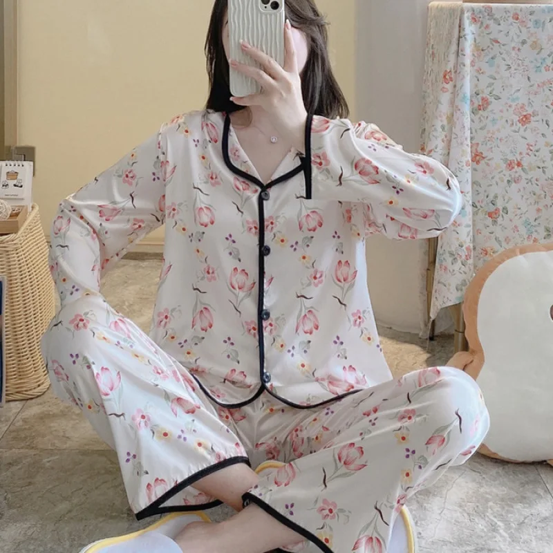 Women Pajamas Sets Strped Pijama Faux Silk Satin Pyjama Female Sleepwear Long Sleeve Lapel Shirt Pants Homewear Nightwear pjs
