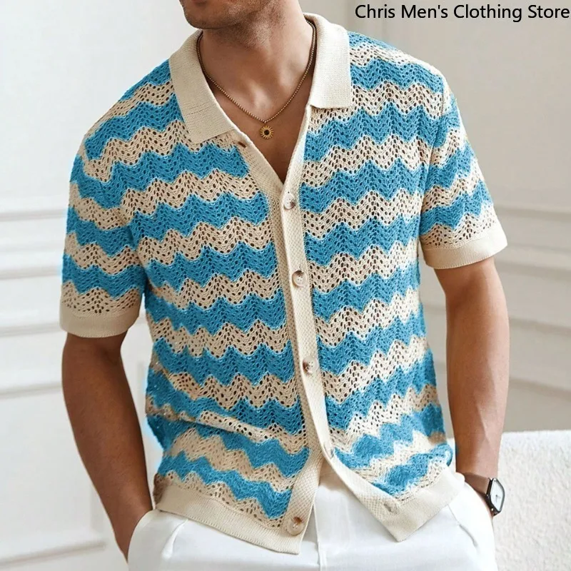 Summer New Hollow-knit Men's Shirt Business Leisure Lapel Men's Knit Shirt Street Fashion Brand Cardigan