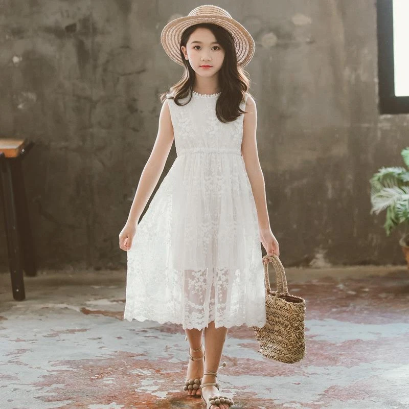 

2024 Summer Dress Girl Princess Lace Childrens Dresses for School Brief Embroidery White Dress 2 To 12 Years Old Kids Clothes