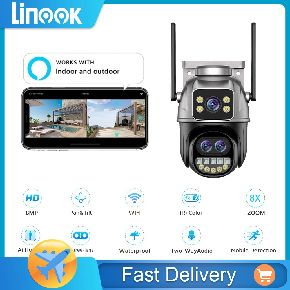 

Linook ICSEE,8x optical zoom,9MP,3-lens camera outdoor WIFI,360,CCTV wireless pan tilt phone control waterproof,IP camera,