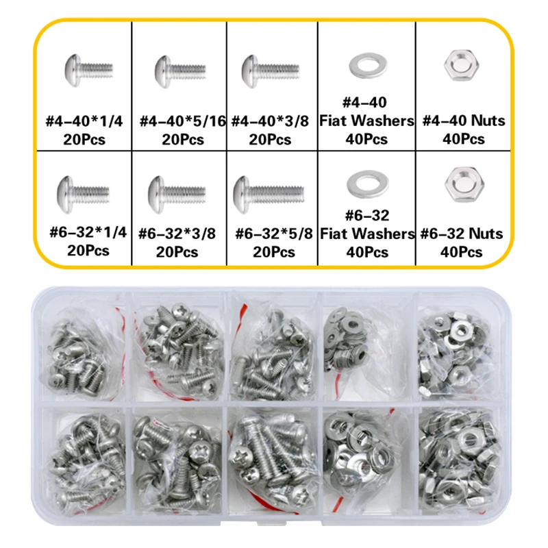 Machine Screw Assortment Kit #6-32 #8-32 #4-40 Phillips Pan Head Bolt and Nut with Flat washer 304 Stainless Steel Bolt set