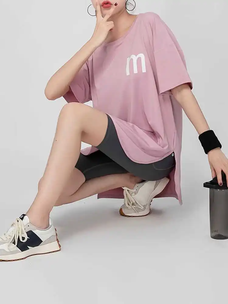 스포티 한 루즈핏 커버 업 요가웨어 여성 여름 러닝 사이드 슬릿 반팔 티셔츠 빠른 드라이 통기성 피트니스 탑