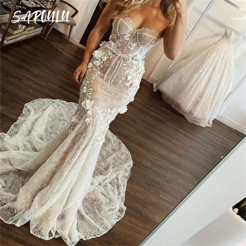 3D-Flowers-Mermaid-Wedding-Dresses-For-Women-Modern-Sweetheart-Court ...
