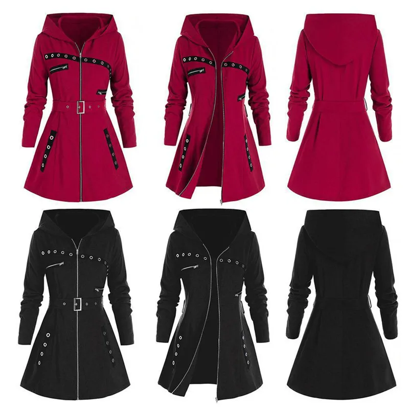 Veste Gothique Steampunk Femme - Capuche, Motif Carreaux, Fermeture éclair, Longue, Style Harajuku Hiver