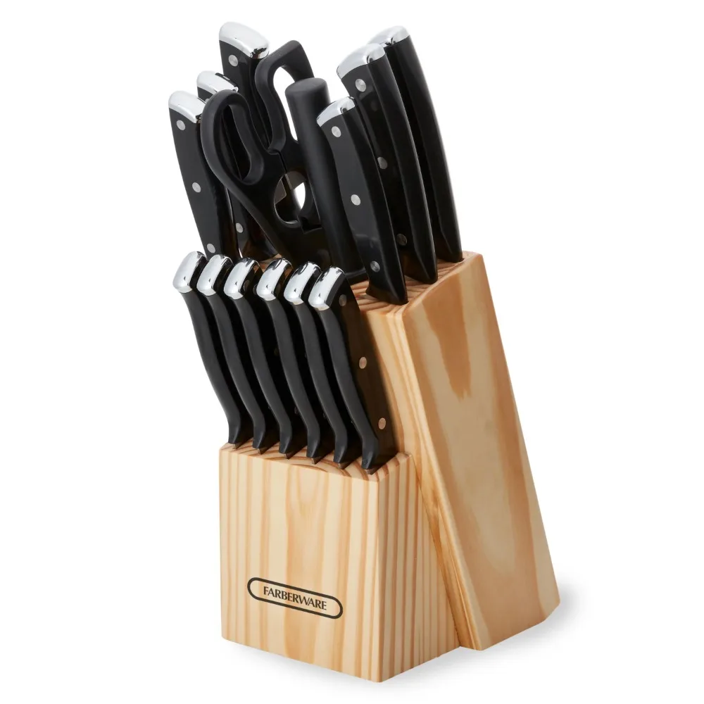 

15-Piece Triple Rivet Kitchen Knife Block Set with Natural Wood Block and Black Handles