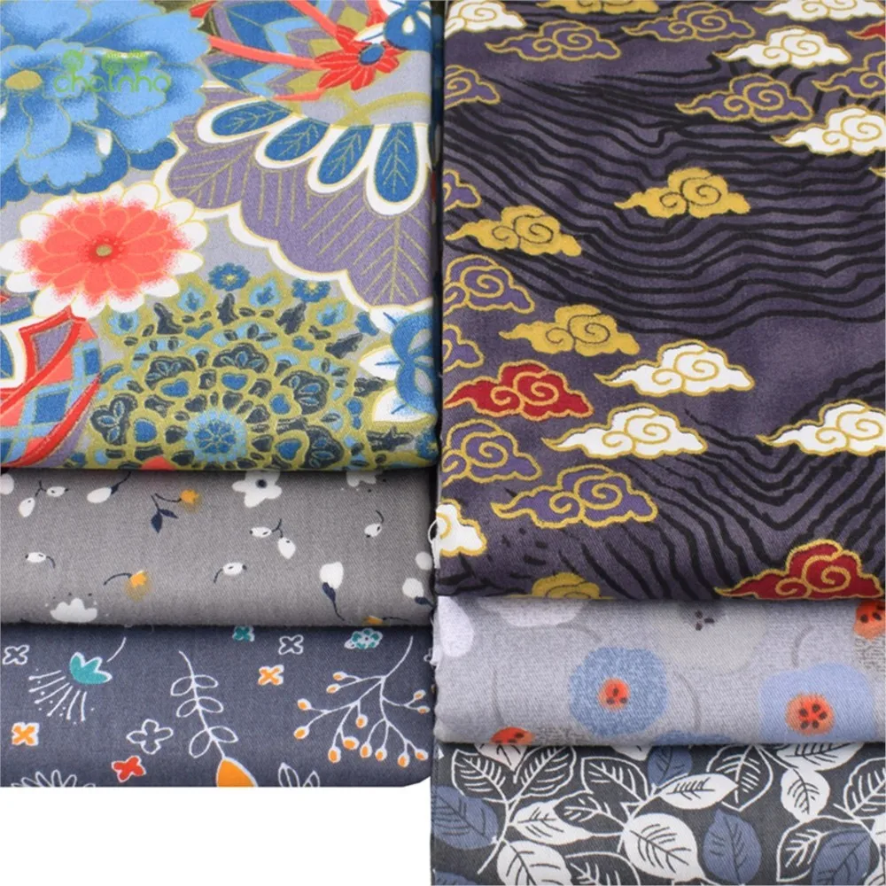Chainho,Printed Twill Cotton Fabric,Patchwork Cloth,DIY Sewing Quilting Material,Dark Gray Floral Series,6 Designs,2 Sizes,15C9