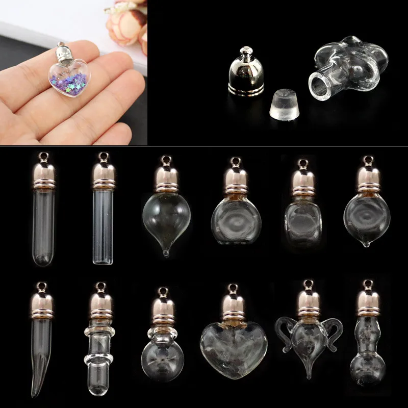 1/3X 6mm Bottle Mouth Glass Vial Pendant Silver Color Cap Name On Rice Art Craft Lucky Perfume Oil Materia Glass Bottle Necklace