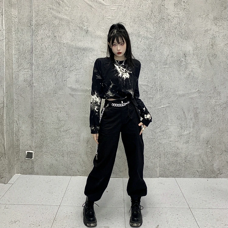 Goth Women Tie Dye Long Sleeve Short Length T-shirt 2022 Spring Y2k Girl Shirring Harajuku Crop Top Japanese Mujer Gothic Tshirt
