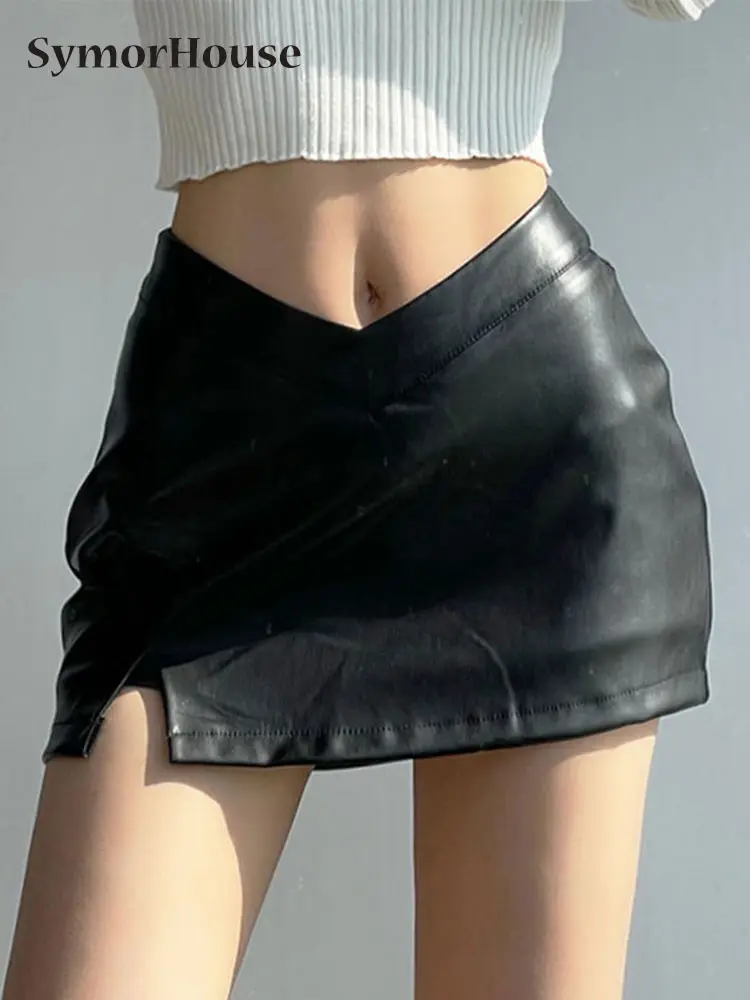 

Spring Autumn Winter Black PU Leather Short Skirt Women Sexy Split Slim High Waisted Streetwear A-line Mini Shorts Skirts Female
