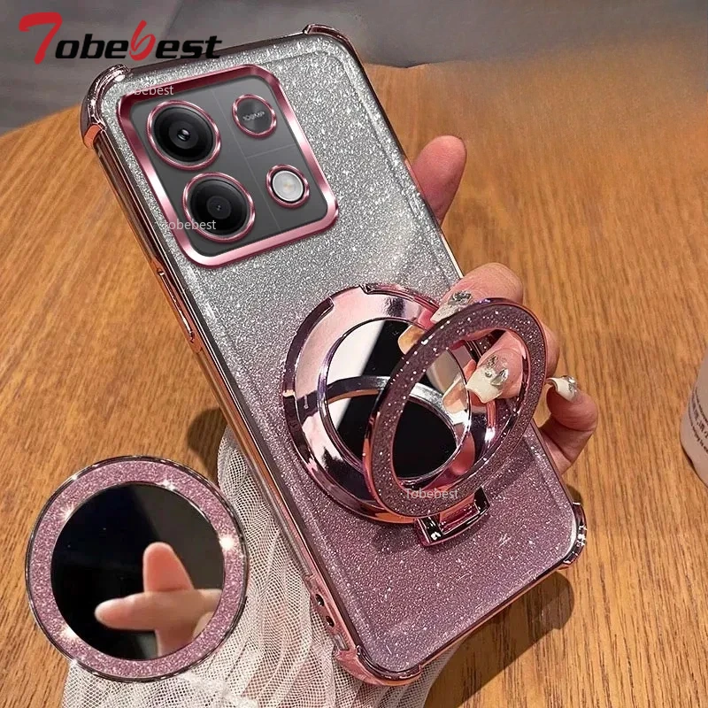 Glitter Shockproof Silicone Case with Mirror Magnetic Holder Stand