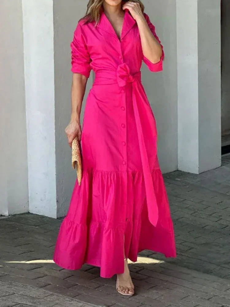 Women Dresses Long Sleeve Turn Down Collar Single Breasted