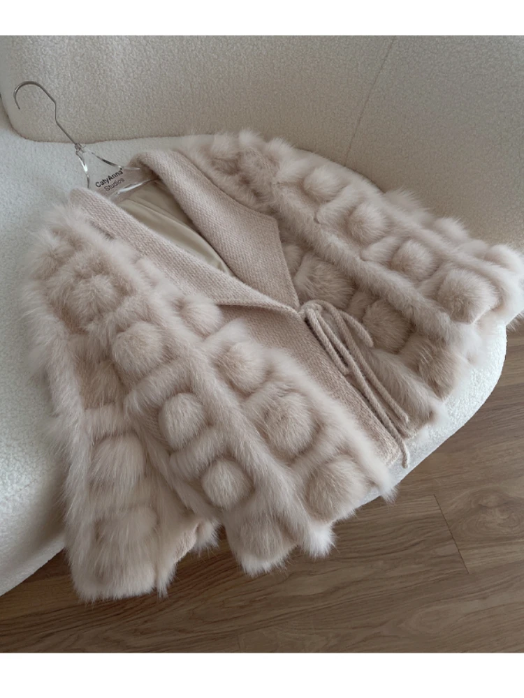 

ZDFURS*2022 New Style Real Fox Fur Coat Winter Women Loose Style Knitted Cardigan Jacket blended Thick Warm