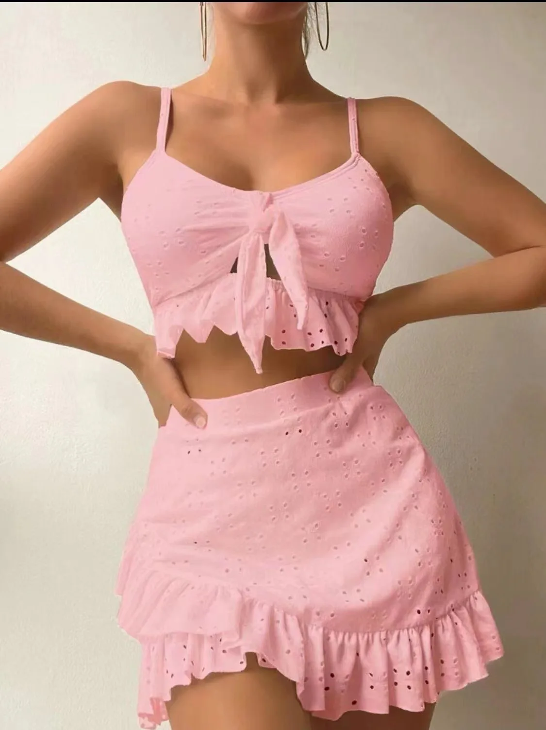 

Women's 3 Piece Bathing Suit Tie Front Ruffle Hem High Cut Bikini Tankini with Beach Skirt