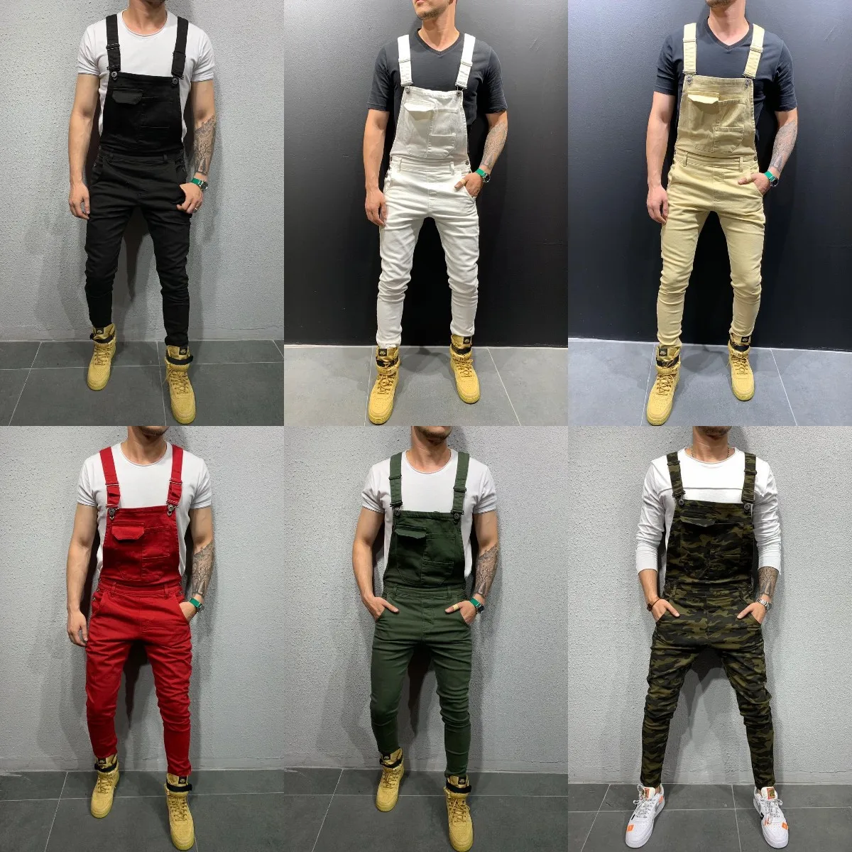 

Fashion men's suspender denim jumpsuit torn denim trousers popular workwear 6 colors
