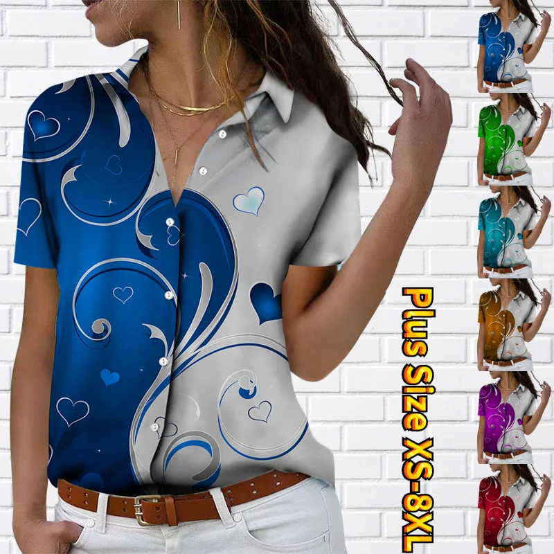 

New Everyday New Design Printing Button Shirt Summer Women Street Trend Sexy V-neck Loose Size Blouse Retro Short Sleeve Top Tee