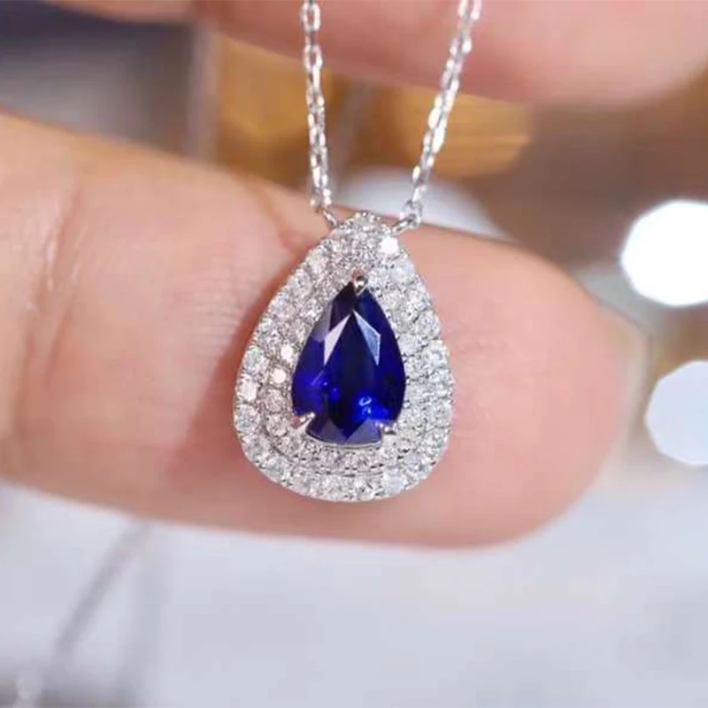 고급 18K 화이트 골드 0.84CT 천연 로얄 블루 사파이어 여성 꽃 모양 보석 다이아몬드 펜던트, 웨딩 주얼리