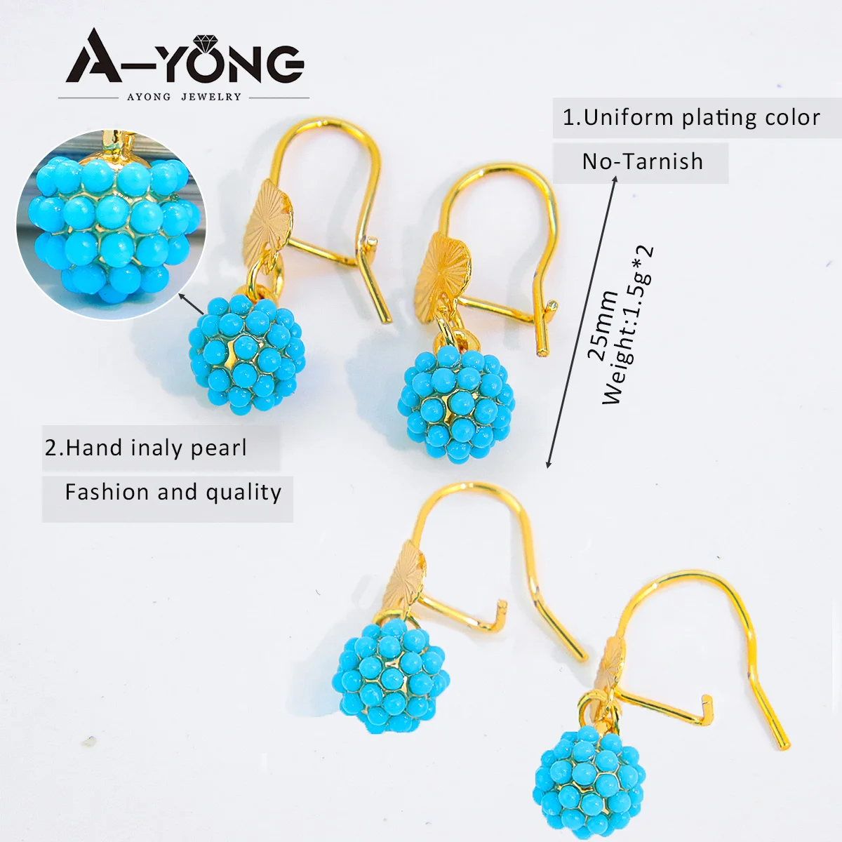AYONG Elegante Tropfen-Ohrringe für Damen, Schmuck, 18 Karat vergoldet, blaue Perle, süßer baumelnder Ohrring, trendige Schmuckgeschenke – Detail 3