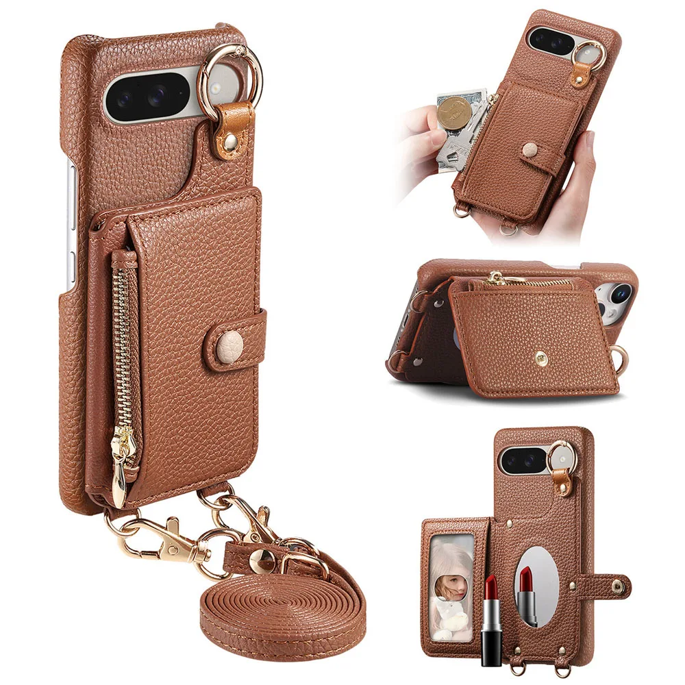 Litchi Patterned Leather Wallet Phone Case with Card Holder and Lanyard Strap
