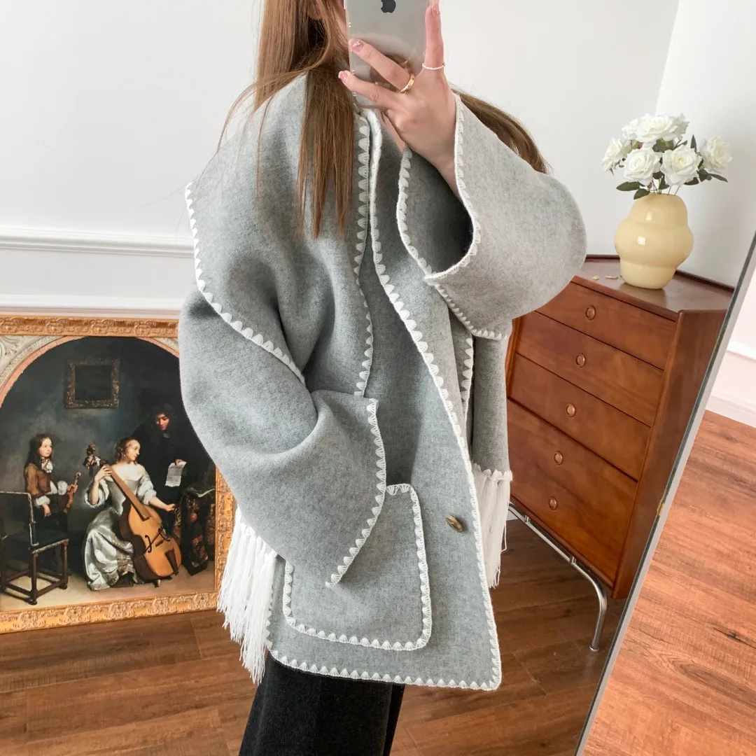 S2aae93c878f945f69f7d6f343be2dd7fu Women Fringe Scarf Collar Coat Double-sided Woollen Single Breasted Autumn Winter, Loose Embroidery Trim Female Casual Jacket Mallzona
